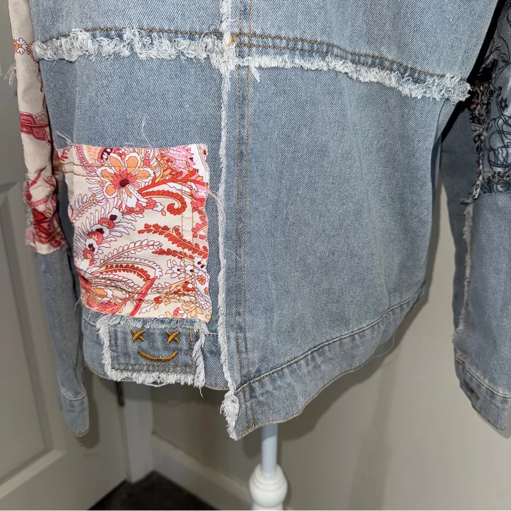 Patchwork Denim and Lace Jacket Distressed Boho Denim Shacket Mixed Floral Lace - Picture 10 of 17
